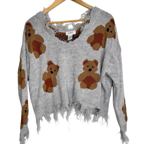 Just Polly Teddy Bear Print Distressed Pullover Sweater Womens Size Small Grunge - Picture 1 of 8